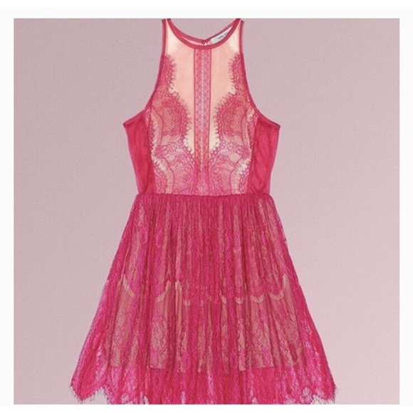 Three Floor Mini Dress Hot Pink Fuschia Lace Open Back Size 12‎ - Picture 4 of 13